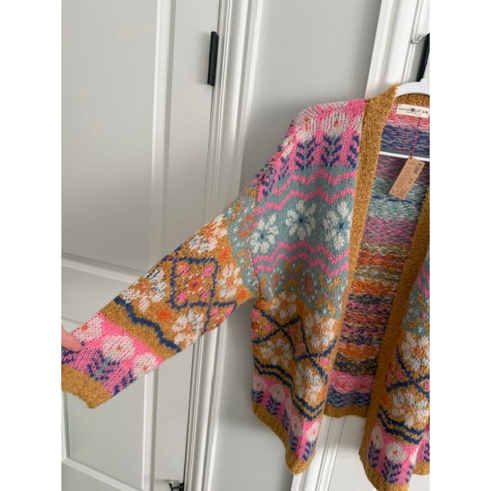 Natural Life NWT Calla Jacquard Cardigan Sweater Pink Teal S/M - Picture 3 of 8